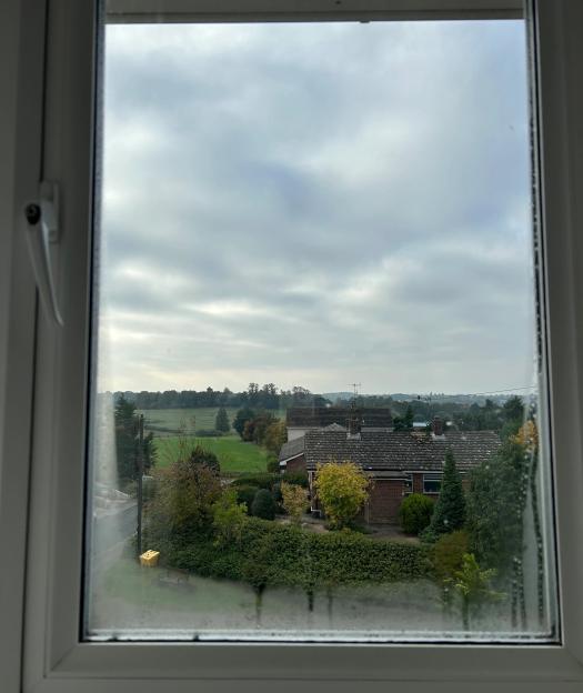 View through a window of a suburban landscape with houses, trees, and fields under a cloudy sky.