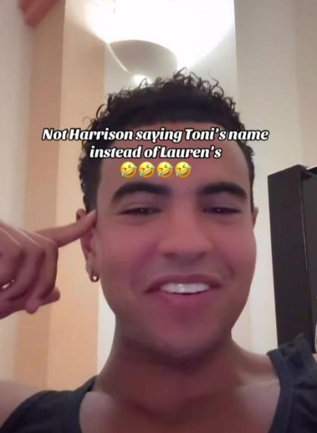 A man smiling and pointing to his temple, text overlay says "Not Harrison saying Toni's name instead of Lauren's".
