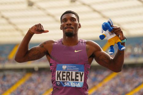 Fred Kerley of the U.S. celebrates winning the men's 100m.