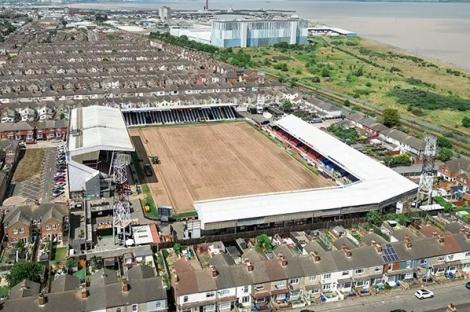 Aerial view of Blundell Park, Grimsby Town's stadium.