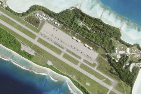 Satellite photo of six B-2 stealth bombers at Camp Thunder Cove in Diego Garcia.