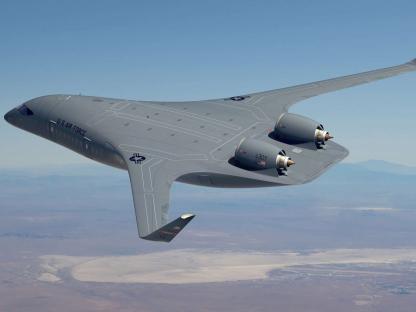 Illustration of a futuristic U.S. Air Force plane in flight.