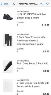 Order confirmation showing children's clothing and shoes.