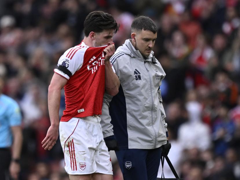 Arsenal's Declan Rice reacts during a Premier League match.