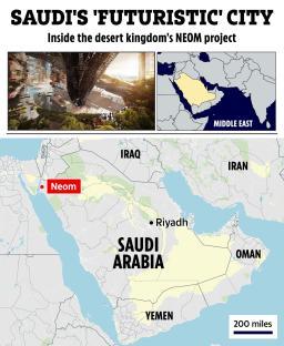 Illustration of NEOM, Saudi Arabia's futuristic city, with maps showing its location in the Middle East.
