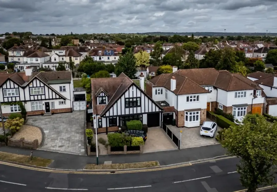 Aerial view of a residential neighborhood.