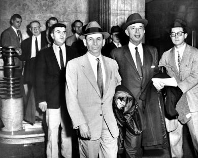 Meyer Lansky with his lawyer Morris Polankoff and others.