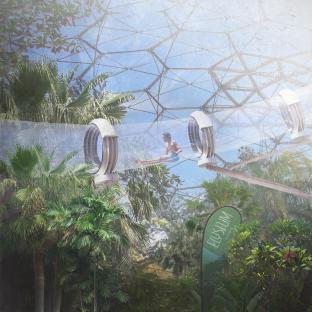 Illustration of a person on a clear waterslide inside a geodesic dome surrounded by tropical plants.