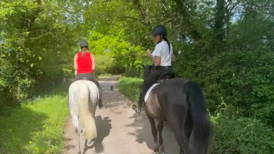 Two women horseback riding on a path.