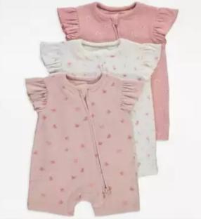 Three pink baby rompers with ruffled sleeves.