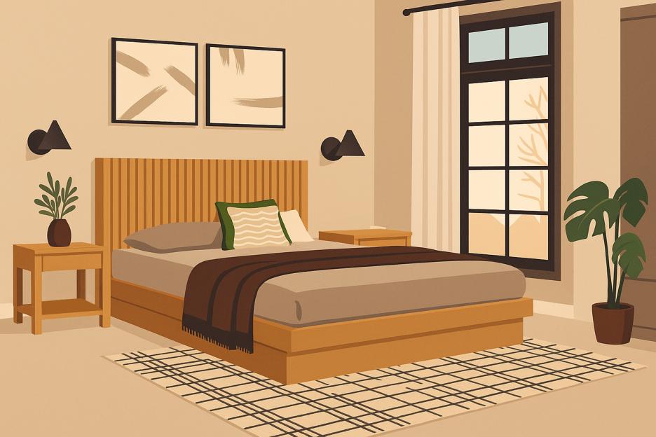 Illustration of a bedroom with a bed, two nightstands, a rug, potted plants, wall art, and a window.