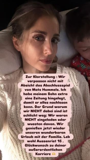 Woman with child, clarifying that they missed Mats Hummels' final game because they weren't invited.