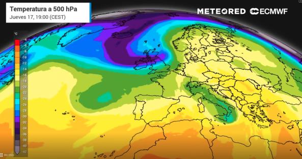 Map of Europe showing 500 hPa temperature.