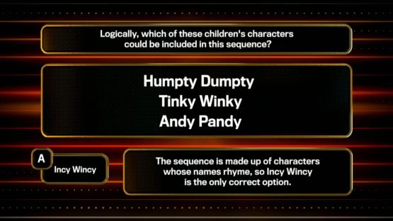 Quiz screenshot showing a question about which children's character rhymes with Incy Wincy.
