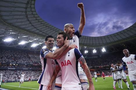 Tottenham's Brennan Johnson celebrates a goal in the Europa League final.