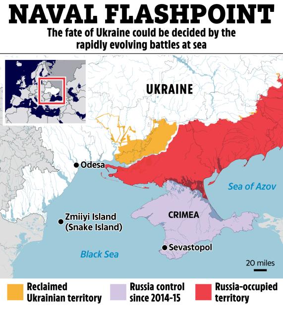 Map showing the Black Sea region, highlighting areas under Ukrainian, Russian, and Russian-occupied control.