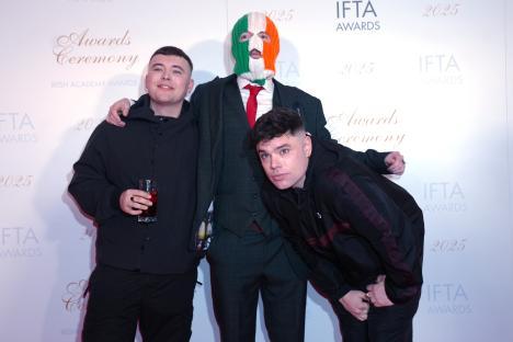 Photo of Kneecap band members at the Irish Film and Television Academy Awards.