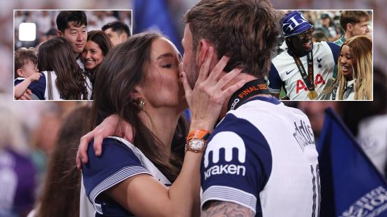 James Maddison kisses girlfriend Kennedy Alexa as Tottenham stars celebrate on pitch after Europa League triumph