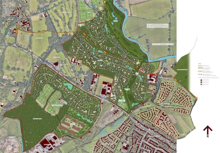 Illustration of Canford Magna garden village development plan.