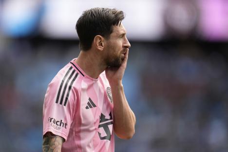 Lionel Messi in Inter Miami CF jersey during an MLS soccer match.