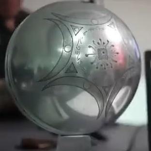 Sphere-shaped object with etched symbols, reportedly a UFO that crash-landed in Buga, Colombia.