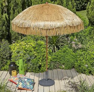 Tiki beach parasol on a patio.
