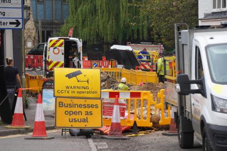 Road work in Nailsworth, Gloucestershire, due to a damaged gas main. Businesses remain open.