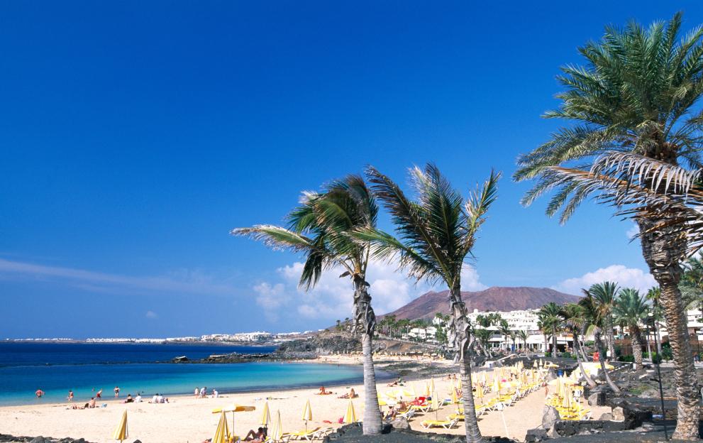 Playa Flamingo beach in Lanzarote, Canary Islands, with people swimming and sunbathing, palm trees, and buildings along the shore.