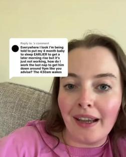 Woman in pink sweatshirt gives advice on baby sleep schedules.