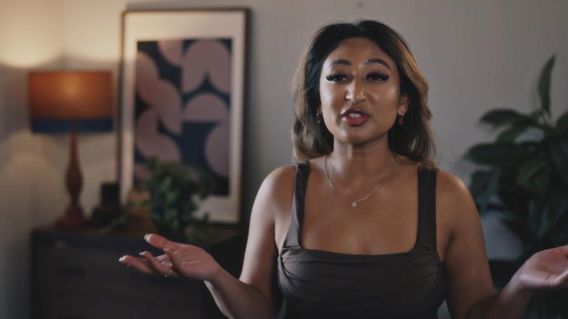 Nelly from Married At First Sight UK in a bedroom.