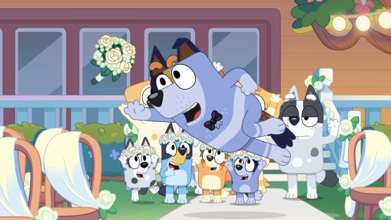 Illustration of Bluey and her family at a wedding.