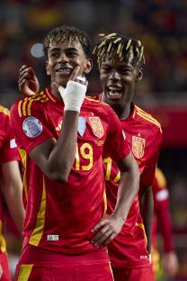 Lamine Yamal of Spain celebrates a goal.