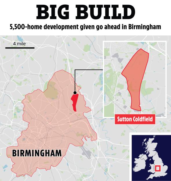 Illustration of maps showing the location of a 5,500-home development in Sutton Coldfield, Birmingham.