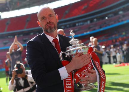 Erik ten Hag holding the FA Cup trophy.