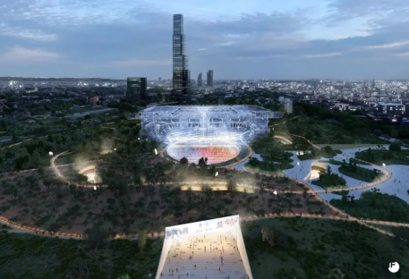 Aerial illustration of a stadium surrounded by a park and city skyline.