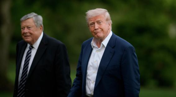 President Donald Trump and another man walking on the White House lawn.
