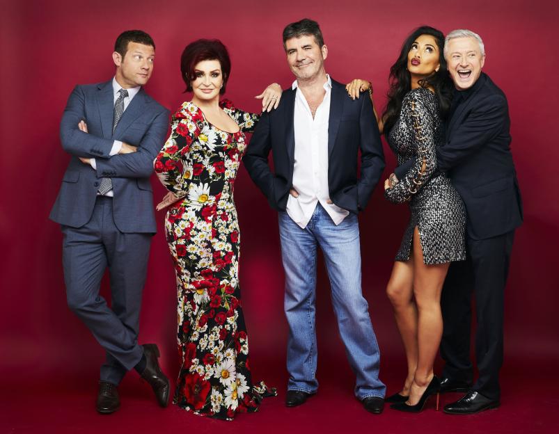 The X Factor judges: Dermot O'Leary, Sharon Osbourne, Simon Cowell, Nicole Scherzinger, and Louis Walsh.