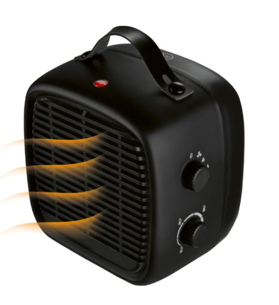 Illustration of a black fan heater emitting warm air.
