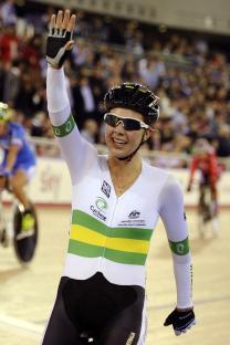Melissa Hoskins, Australian track cyclist, celebrating a win.