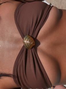 Brown bikini top with gold shell detail.