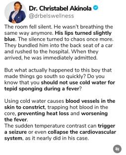 Tweet explaining the dangers of using cold water for tepid sponging during a fever.
