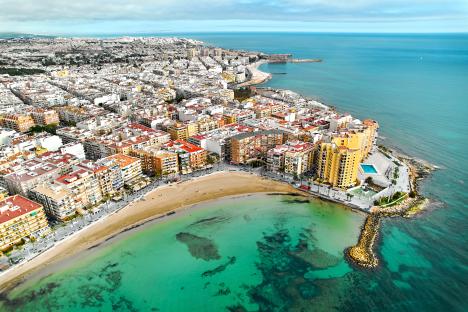 Aerial view of Playa del Cura beach and Torrevieja city in Spain.