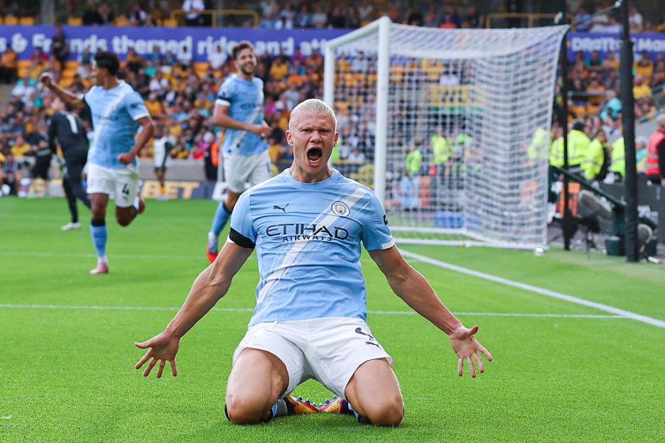 Erling Haaland celebrating a goal for Manchester City.