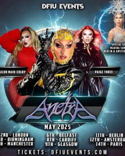 Anitra tour poster featuring three drag queens and dates for May 2025.