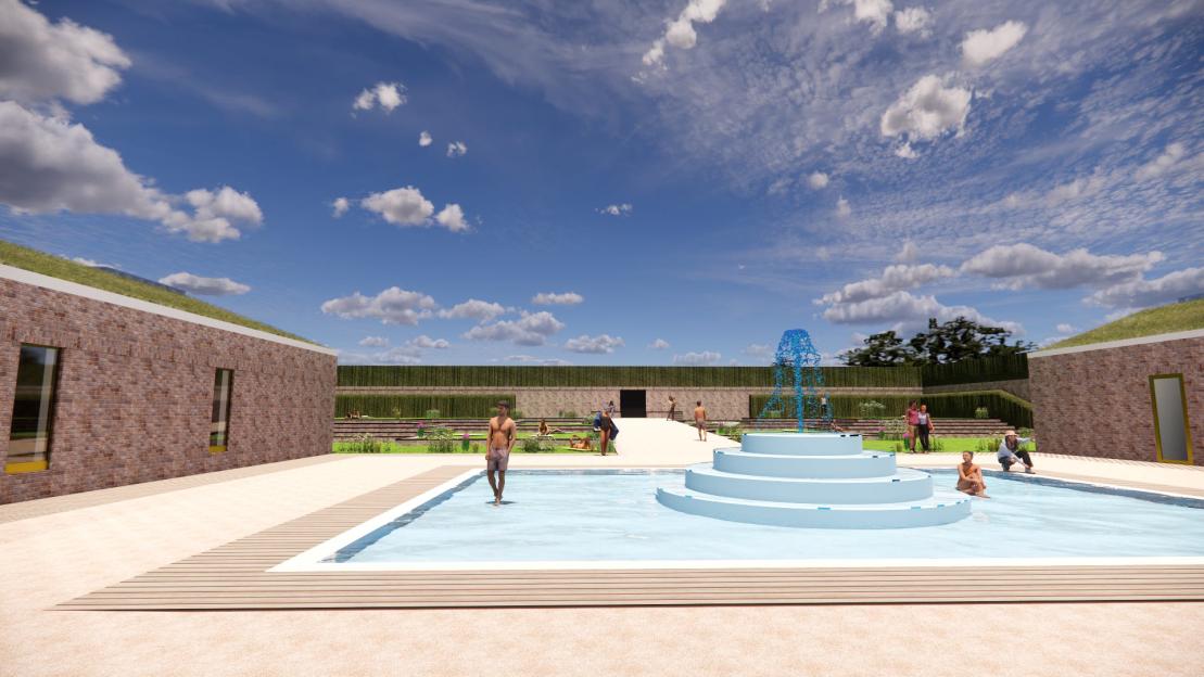 Illustration of a new lido planned for London, featuring a tiered fountain and people relaxing.