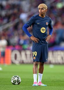 Lamine Yamal of FC Barcelona during a Champions League match warm-up.