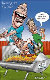 Illustration of three politicians being barbecued, one is turning the rotisserie.