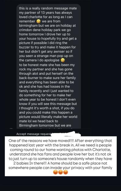 Screenshot of a social media post showing a message from a fan to Charlotte Crosby's fiancé explaining why he visited their home.