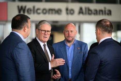 Prime Minister Sir Keir Starmer speaking with officials in Albania.
