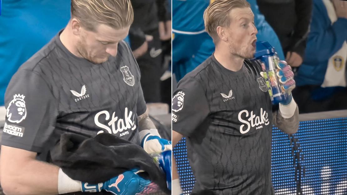 Jordan Pickford appears to get nasty surprise from penalty cheat sheet as Everton star looks bemused at water bottle